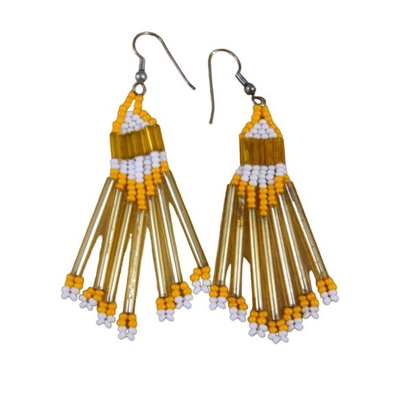 Vintage Beaded Hook Earrings, Orange and White Bead Hook Earrings - Picture 2 of 5